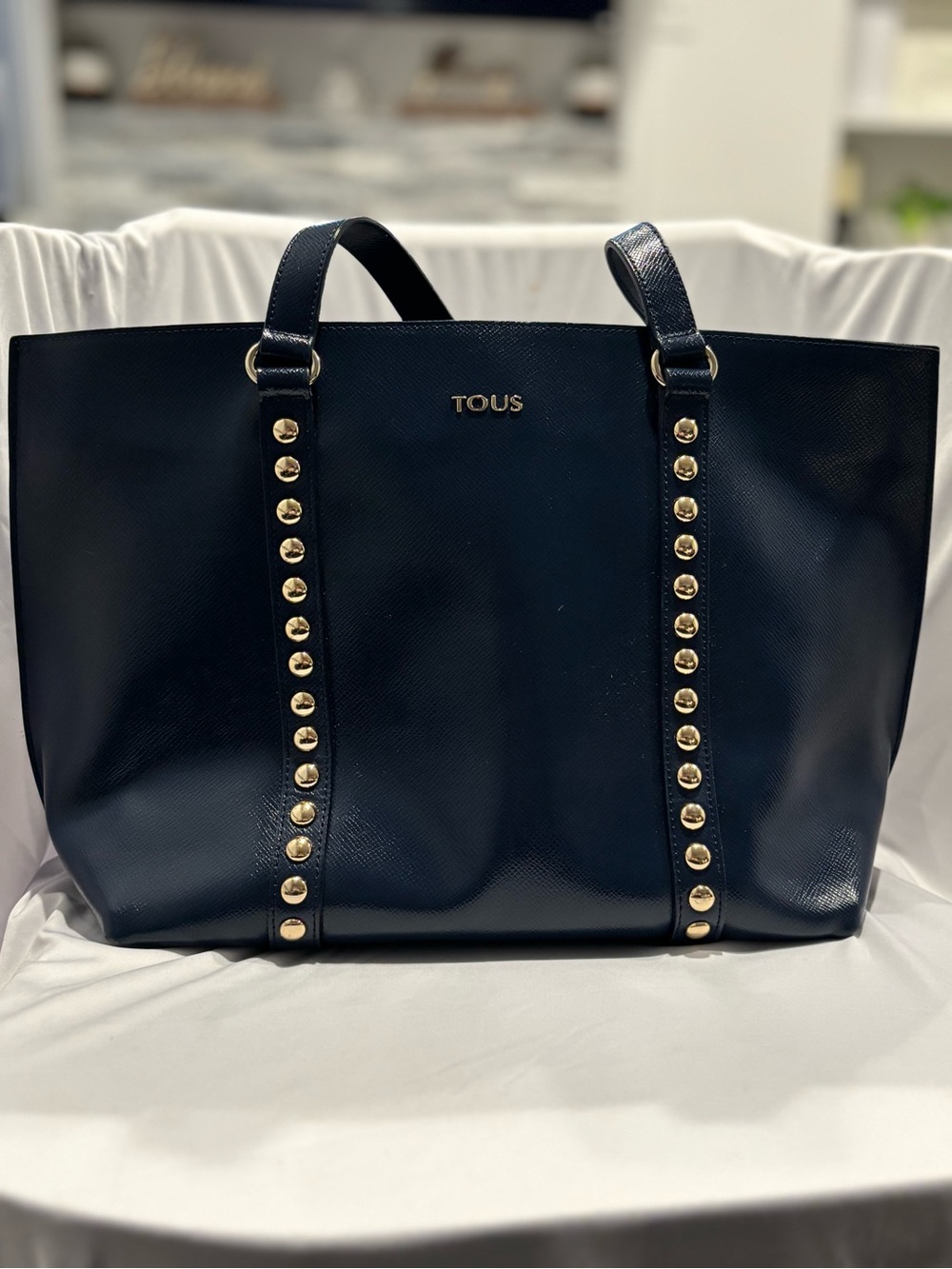 Tous Navy Leather Shoulder Tote with Gold Stud Details